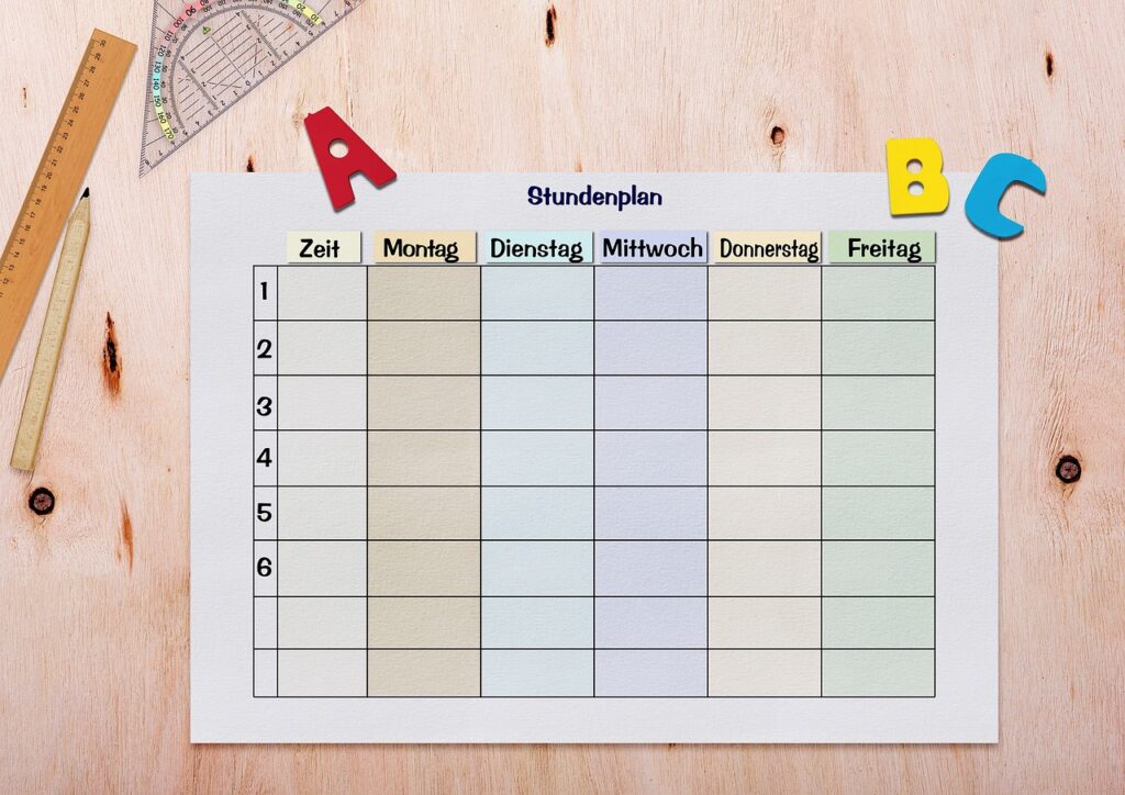 timetable, paper, table, ruler, triangle ruler, abc, alphabet, template, teaching, days of the week, school, students, teacher, time management, scheduler, back to school, first grader, copy space, enter, write, symbol, time, 6 hours of instruction, i dötzchen, 6 days a week, training